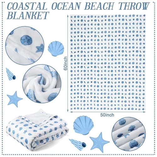 SmoothNovelty Ocean Life Coastal Ocean Beach Throw Blanket Starfish Seashell Beach Themed Throw Blankets of Blue on White for Adults for Sofa Couch Bed Room Birthday Gifts Decor 50x60in thumbnail 3
