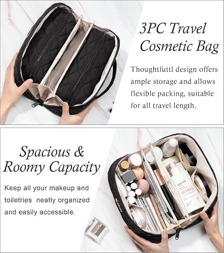 Travel Makeup Bag, 3 Pcs Large Capacity Puffy Toiletry Bag for Women, Open Flat Quilted Make up Cosmetic Organizer w/Handle & Clear Divider Water-resistant Portable Pouch Travel Essentials, L-Black thumbnail 4