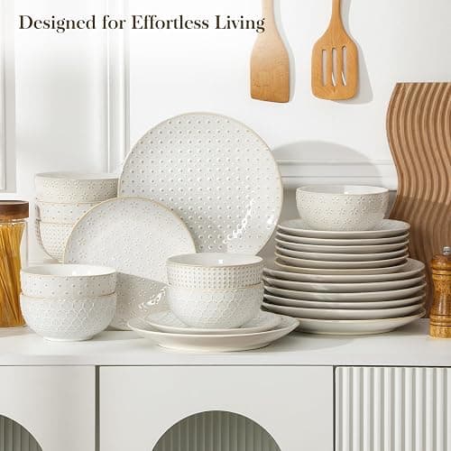 MALACASA 24 Piece Dinnerware Set, Embossed Ceramic Dish Sets Service for 8, Plates and Bowls Set, Durable Stoneware Tableware for Family Dinners, Dishwasher & Microwave Safe thumbnail 2