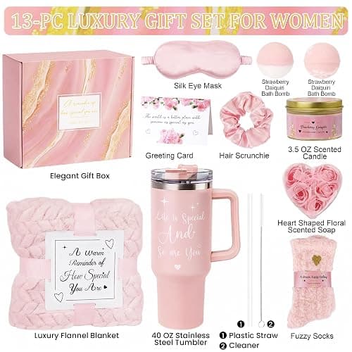 Mothers Day & Birthday Gifts for Women - Tova's Creations 13-Piece Strawberry Daiquiri Spa Gift Basket with 40 OZ Tumbler & Luxury Flannel Blanket for Mom, Wife, Grandma thumbnail 2