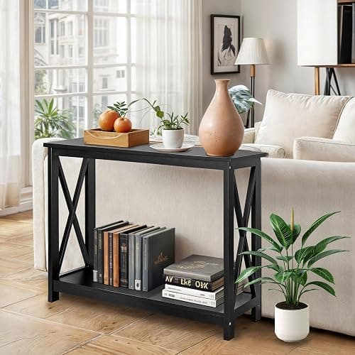 SUPER DEAL Console Table 39.5”, 2-Tier Narrow Sofa Side Table with Storage Shelf, Entrance Table for Hallway/Foyer/Living Room/Corridor/Office, Black thumbnail 7
