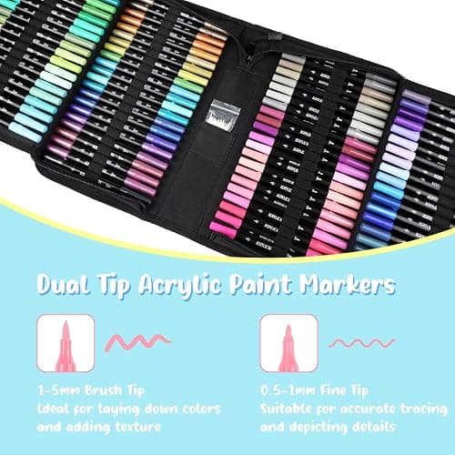 120 Colors Acrylic Paint Markers, Dual Tip Fine and Brush Tips Pens Contain 24 Metallic Color for Stone, Wood, Calligraphy, Canvas, Ceramic, Metal, Glass, Rock Painting, DIY Crafts Art Supplies Kit thumbnail 3