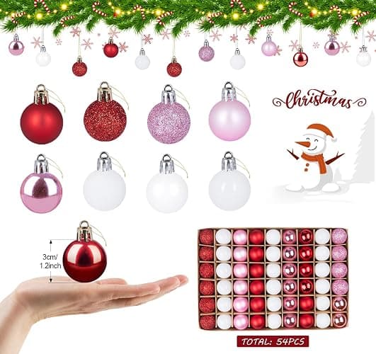 Mini Christmas Ornaments, 54 Pcs 1.2 Inch Pink/Red/White Glitter Christmas Tree Ornaments Hanging Balls, Small Shatterproof Plastic Decorative Ornaments Baubles for Xmas Tree Party Indoor Decor thumbnail 3