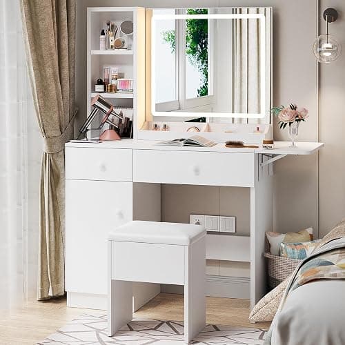 Haewon White Vanity Desk with Mirror and Lights, Makeup Vanity with Charging Station and 3 Lighting Modes, Dressing Table Set with Storage Cabinet, Drawers and Chair for Girls Bedroom - Image 1