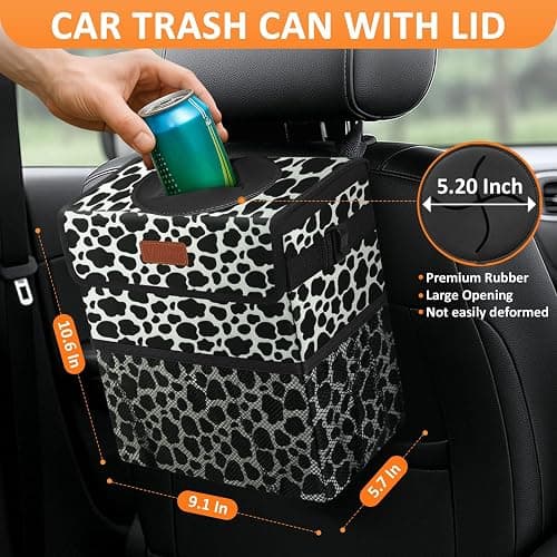 Vankor Car Trash Can with Lid Leak Proof Car Accessories for Women | 2.2 Gallon Cute Hanging Car Trash Bin for Men Car Truck Vehicle Sedan SUV Interior Automotive Garbage Cans, Cow Print thumbnail 2