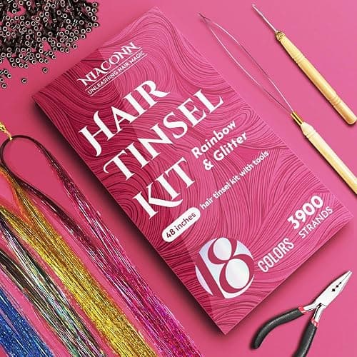 NIACONN Glitter Hair Tinsel Extensions Kit 18 Colors with Tools and Beads, 48 Inch Sparkly Fairy Colorful Tensile Strands Shiny Hair Accessories for Women Girls Kids thumbnail 2