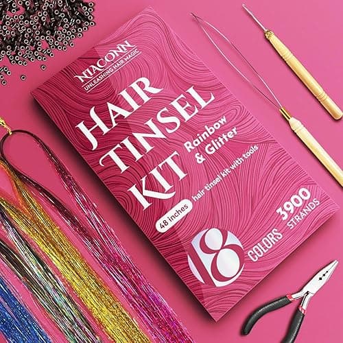 NIACONN Glitter Hair Tinsel Extensions Kit 18 Colors with Tools and Beads, 48 Inch Sparkly Fairy Colorful Tensile Strands Shiny Hair Accessories for Women Girls Kids thumbnail 3