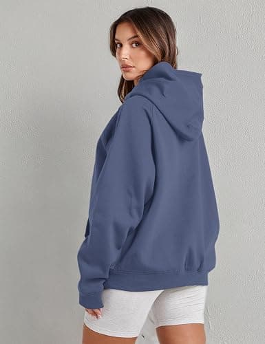 Lauweion Women Solid Basic Fleece Letter Loose Hoodie Sweatshirt Long Sleeve Kangaroo Pocket Drop Shoulder Pullovers Top thumbnail 9