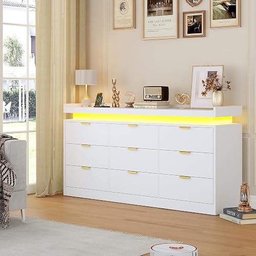 knoworld 9 Drawer Dresser for Bedroom, White Dresser with LED Lights and Power Outlet, Large Wooden Dressers Modern Chest of Drawers, Triple Wide 9 Drawer Dressers for Bedroom, Entryway, Hallway thumbnail 9