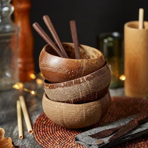 Jungle Culture® Kokosnuss Schalen Set mit Holzlöffeln & Strohhalm • Gemustertes Kokosschalen Schüssel Set • Natürlich Vegan Plastikfreie Alternative • Handgefertigt mit Kokosöl Poliert • Coconut Bowls thumbnail 8