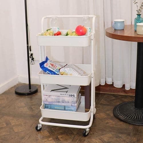 Piowio 3 Tier Utility Rolling Cart Multifunction Organizer Shelf Storage Cart with 3 Pieces Cups and 8 Pieces Hooks for Home Kitchen Bathroom Laundry Room Office Store etc. (White) thumbnail 4