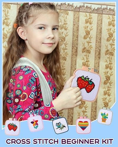 Pllieay 5PCS Cross Stitch Kits for Kids 7-13, Includes 5 Project Patterned and 5pcs Square Embroidery Hoops, 11 Skeins, Needle Point Starter Kit Sewing Set with Instructions thumbnail 5