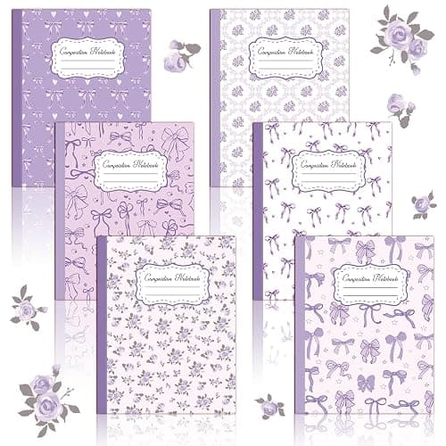 Lebsitey 6 Pack Purple Bow Composition Notebooks, Cute Preppy Coquette Notebook, 9-3/4 x 7-1/2" Aesthetic College Ruled Journal, Back to School Gifts Preppy School Supplies, 110 Pages - Image 1