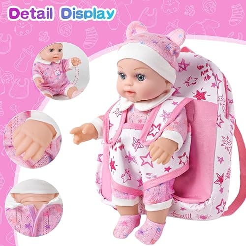 BDDOLL 12" Baby Doll in Gift Box with Pink Backpack, Cloths, Feeding Bottle and Pacifier, First Baby Dolls for Toddlers 3 Years and Up thumbnail 5