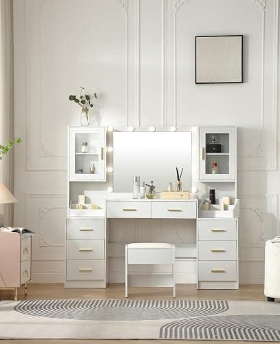 FOREST GRAVITY 58.3'' Large Vanity with Folding Up Mirror and Lights,Makeup Vanity Desk with Mirror and Lights,Outlet, Chair and Two Makeup Organizers,Dressing Table for Bedroom,White thumbnail 8