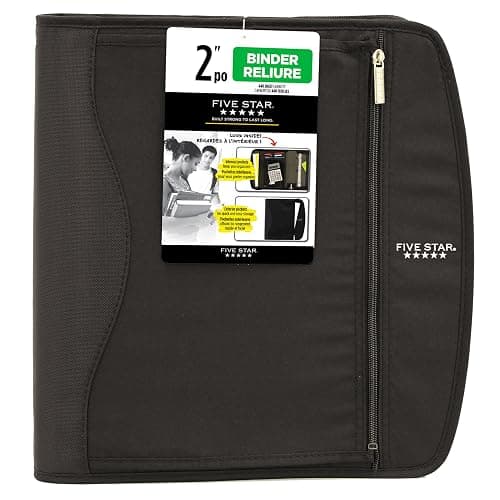 Five Star Zipper Binder, 2-Inch Capacity, 3 D-Rings, Exterior Zippered Pockets, Interior Mesh Pouch, Easy Grip Spine, Black Cover (66352) - Image 1