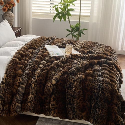 RYNGHIPY Faux Fur Blankets for Couch Bed Fluffy Warm Thick Throw Blanket for Bedroom Living Room Soft Cozy Plush Decorative Bubble Furry Blanket Cheetah Print Blanket (Leopard-Coffee, 51''x63'') thumbnail 7