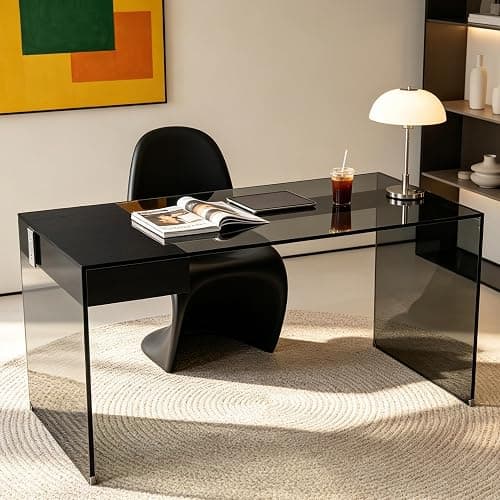 NessCarsti 53.14" Modern Glass Office Desk with Drawer for Home Office | Black Clear Computer Desk with Tempered Glass Tabletop & Legs, Minimalist Stylish Executive Table for Bedroom thumbnail 5