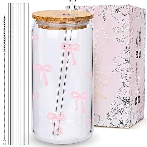 BIPEDS Coquette Cute Pink Bow Glass Cups with Lids and Straws, Aesthetic Iced Coffee Cup, Girly Preppy Design Tumbler Mug, Birthday Valentines Christmas Gifts for Women, Teen Girl Gifts Trendy Stuff