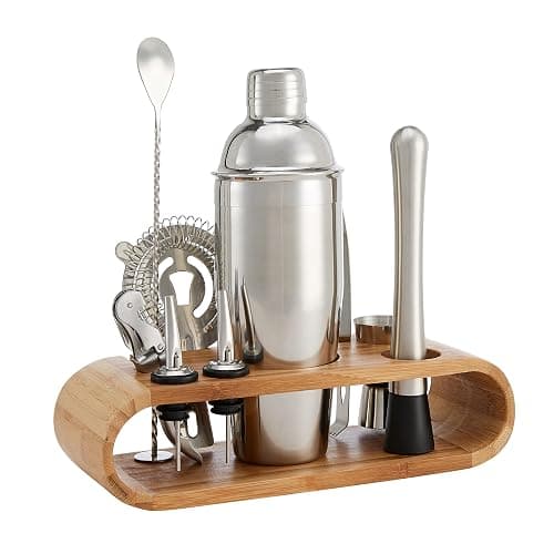 Amazon Basics 10-Piece Stainless Steel Bar Tools Set with Bamboo Stand Holder - Image 1