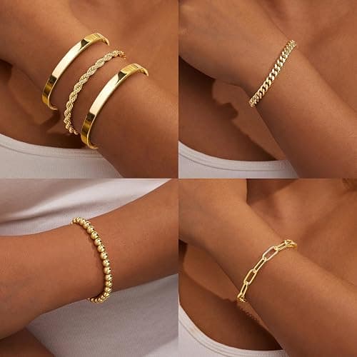 Gokeey Christmas Gold Bracelets for Women Non Tarnish, 14K Gold Plated Chunky Cuff Bracelet Stackable Gold Bangles Bracelet for Women Trendy Tie Knot Cuban Rope Paperclip Beaded Bracelet Stack Jewelry Stocking Stuffer Gifts Fashion Accessories thumbnail 3