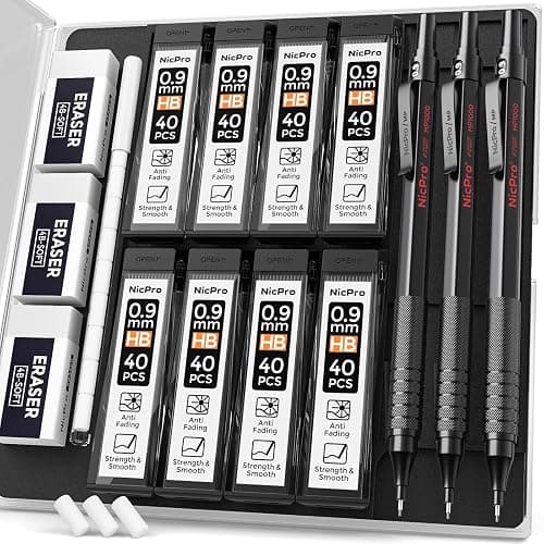 Nicpro 0.9 Metal Mechanical Pencil Set with Case, 3PCS Black MP1000 0.9mm Drafting Pencil, 8 Tubes HB Lead Refills, 3PCS Erasers, Erasers Refills for Artist Writing, Drawing, Sketching - Image 1