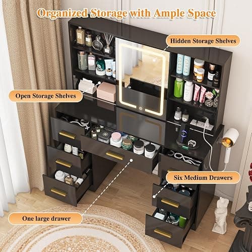 47'' W Large Vanity Desk with Mirror and Lights, 8 Storage Shelves 7 Drawers Vanity Table, Big Makeup Vanity Desk with 3 Lighting Modes, Vanity Dresser with Charging Station, Sliding Mirror (Black) thumbnail 7