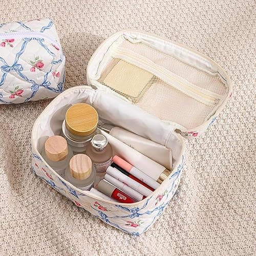 AMULOKRU Quilted Makeup Bag, Large Makeup Bag, Cute Cosmetic Bag for Women Girls, Floral Coquette Aesthetic Travel Toiletry Make Up Organizer Bag-White Bow thumbnail 5