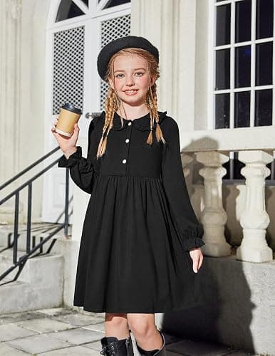 Arshiner Girls Long Sleeve Dress Fall Winter Ruffle Peter Pan Collar Front Button Casual Cotton Dresses thumbnail 6