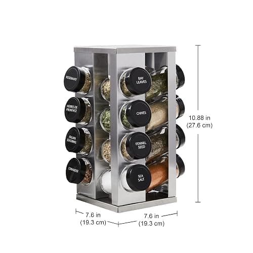 Kamenstein 16 Jar Heritage Revolving Countertop Spice Rack Organizer with Spices Included, FREE Spice Refills for 5 years, Brushed Stainless Steel with Black Caps | Revolving, Organizer, with Spices Included, with Black Caps thumbnail 2