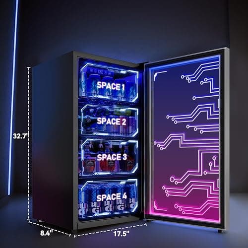 Manastin Gaming Light Up Beverage Refrigertor, Led Lighting Door 120 Cans Freestanding Beverage Fridge, Cyberpunk Beverage Cooler for Gaming, Gaming Room, Bar, Party (Lighting) thumbnail 3