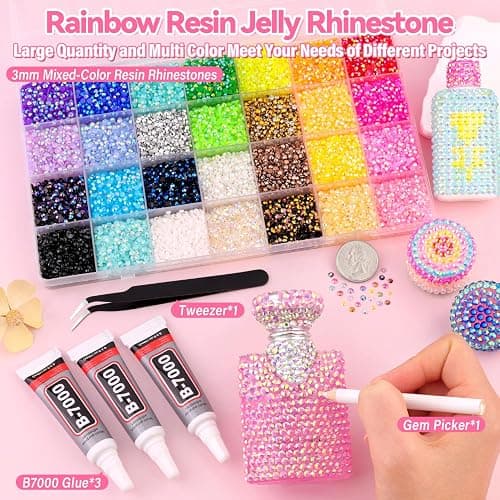 34000Pcs Resin Rhinestones for Bedazzling Kit, Mixed-Color 3mm Bedazzled Crystal with 3Pcs 10ml B7000 Jewelry Glue, Flatback Gems for DIY Crafts Clothing Nail Art Makeup thumbnail 2