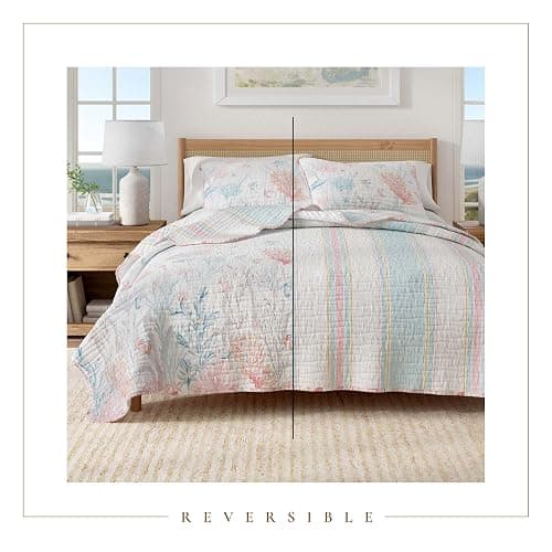 Great Bay Home 3-Piece Full/Queen Microfiber Quilt Set with Shams - Reversible Coastal Print, Lightweight, Layerable Bedding Set - Nautical Bedspread for All Seasons (Coral Reef) - Full / Queen - Coral Reef thumbnail 3