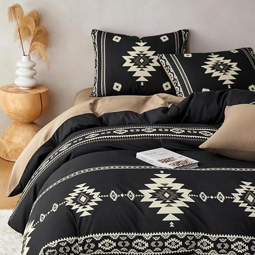 Wake In Cloud - Western Comforter Set, Boho Southwestern Farmhouse Style with Aztec Diamond Geometric Pattern, Soft Lightweight Bedding, 3 Pieces, Black Brown, Queen Size thumbnail 5