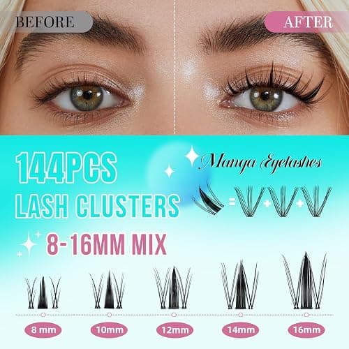 Manga Lash Clusters Kit 144PCS Fairy Eyelash Extension Kit with Lash Bond and Seal, Fake Eyelashes Clusters with Invisible Lashes Band, Lash Glue Remover and Lash Applicators (8-16mm Kit,White Bond) thumbnail 3