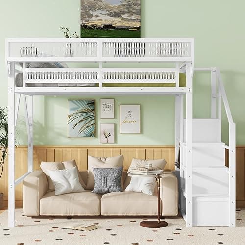 KEIKI Full Size Metal Loft Bed Frame with Convertible Staircase, Built-in Storage Shelves & Wardrobe, Loft Bed with Solid Slats & Guardrail, No Box Spring Required, Easy Assembly, for Bedroom, White thumbnail 3