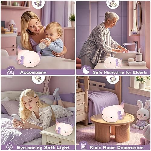 Axolotl Night Light for Kids,Cute Purple Axolotl Lamp ,LED Squishy Nursery Nightlight, Soft Silicone Novelty Animal Bedside Touch Lamp,Adorable Room Decor , Axolotl Christmas Gifts for Mom Girls Baby thumbnail 7