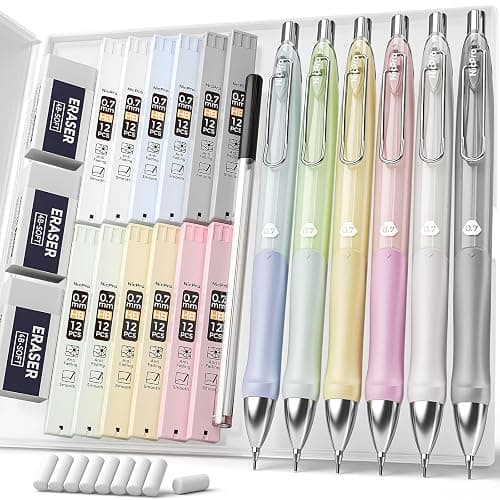 Nicpro 6PCS Pastel Mechanical Pencil Set 0.7 mm, Cute Mechanical Pencils with Comfort Grip with 12 Tubes HB Lead Refill, 3 Eraser, 9 Eraser Refills for Student Writing, Drawing, Sketching- with Case - Image 1