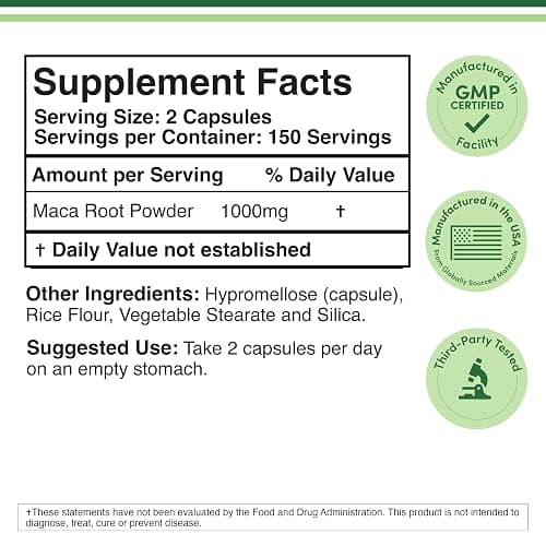 Maca Root Capsules for Women and Men, 300 Count (1,000mg of Black, Red, Yellow Maca Powder per Serving) Grown in Peru (for Energy, Performance, Motivation) by Double Wood thumbnail 2