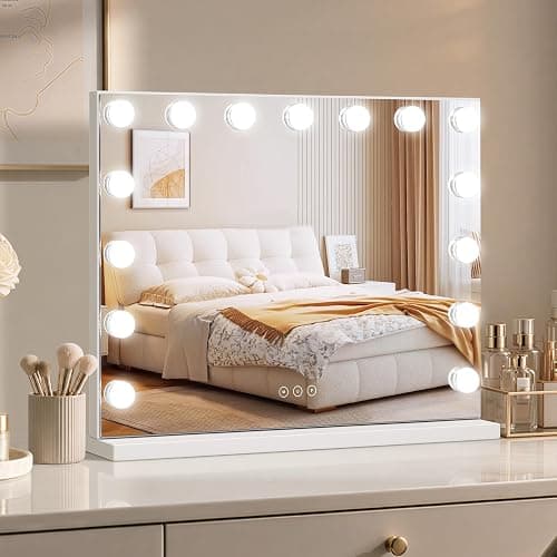 NUSVAN Vanity Mirror with Lights Lighted Makeup Mirror with 15 Dimmable LED Bulbs,3 Color Lighting Modes,USB Charging Port Touch Control,Sturdy Metal Frame Design 24x18 Inch,White thumbnail 9