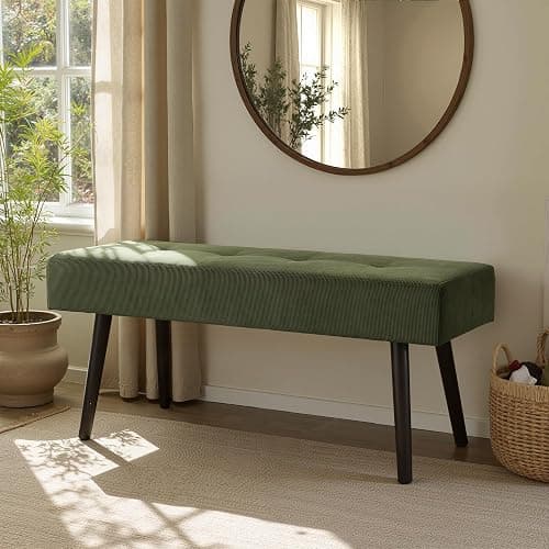 Comfy to go Entryway Bench - Green Bench for Bedroom, Modern Ottoman End of Bed, Corduroy Padded Benches for Living Room, Foyer, Mudroom, Hallway - 39" L x 14" W x 17" H thumbnail 4