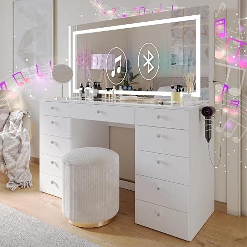 Boahaus Lydia Extra-Large Makeup Vanity Desk, Dimmable LED Mirror, Dual Bluetooth Speakers, 11 Drawers, USB-C & USB-A Ports, 110 V Outlet, Tempered Glass Top & Crystal Knobs thumbnail 4