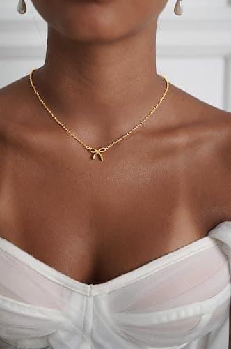 Treasure Bender Christmas Gifts Stocking Stuffers Bow Gold Necklace for Women Non Tarnish Dainty 14k Gold Plated Pendant Necklaces Trendy Cute Charm Bow Necklace Gold Jewelry for Women Birthday Gift thumbnail 2