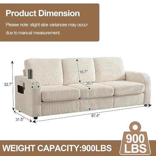 Abbrevi 87.4" Oversized 3 Seater Couch,Upholstered Sofa for Living Room,Modern Deep Seat Comfy Loveseat Couches with Cup Holders, Love Seat Sofa Corduroy (Beige) thumbnail 2