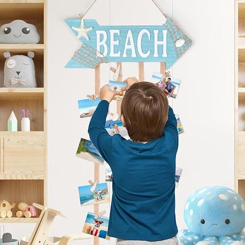 WeDoSoy Coastal Style Hanging Photo Display Holder with 30 Clips (10 Shell Clips), Wooden Frames Wall Picture Organizer for Beach Decor, Collage Display, Postcards, Holiday Cards & Home Decoration thumbnail 5