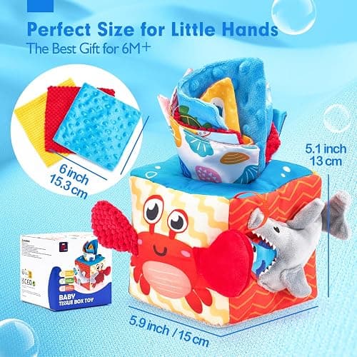 hahaland Baby Tissue Box Toy - Baby Toys 6-12 Months Montessori Toys for 6 Month Old with Textured Tails, Crinkle Tissues, Squeaky, Mirror, Gifts Play Silks Sensoy Scarves for Babies Stocking Stuffers thumbnail 3