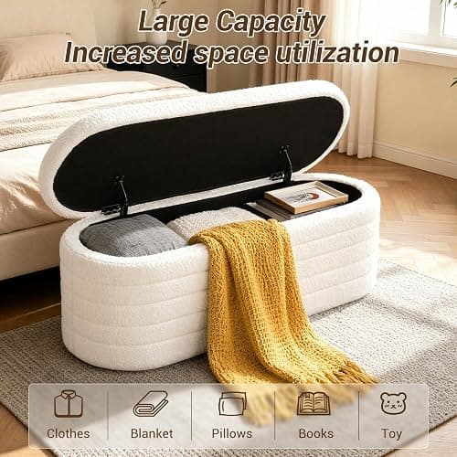 Dolift 45.5-inch Modern Teddy Sherpa Storage Ottoman Bench, Upholstered Fabric Bench for Bedroom End of Bed, Oval White Boucle Storage Ottoman for Living Room, Entryway, Small Apartment thumbnail 4