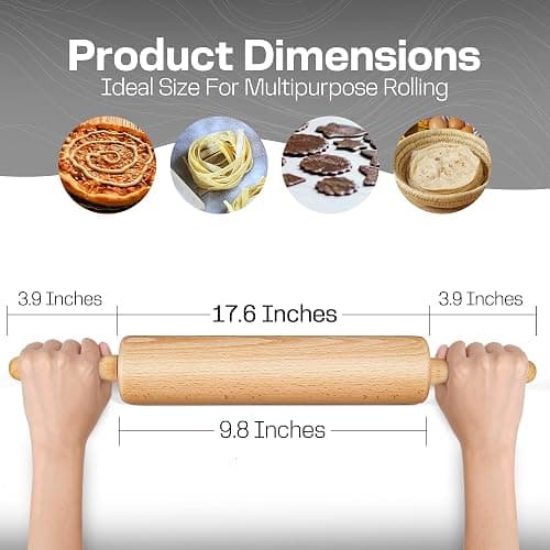 Wooden Rolling Pin 17.6 Inch with Rotating Ergonomic Handles – Classic Beech Wood Dough Roller for Baking Pizza, Pastry, Bread, and Cookies thumbnail 6