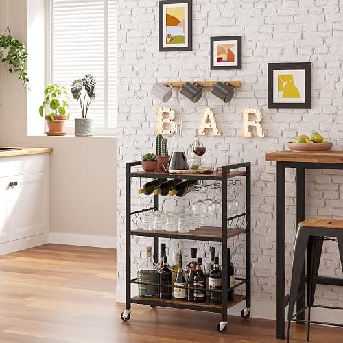 TUTOTAK Bar Cart, Serving Cart for Home, Microwave Cart, Drink Cart, Mobile Kitchen Shelf with Wine Rack and Glass Holder, Rolling Beverage Cart BC01BB030 - Image 1
