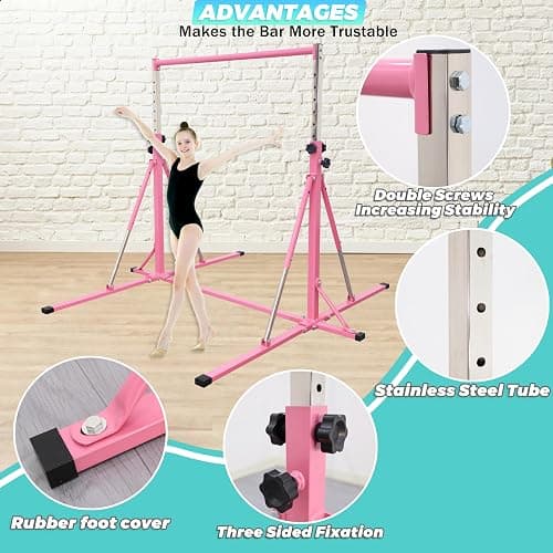 FC FUNCHEER Foldable Gymnastics Bar,5FT Horizontal bar,Adjustable Kids Training bar for Kids Ages 3-15,Kids Gymnastics bar,Triangle Stable Structure-Gym Equipment for Home thumbnail 3